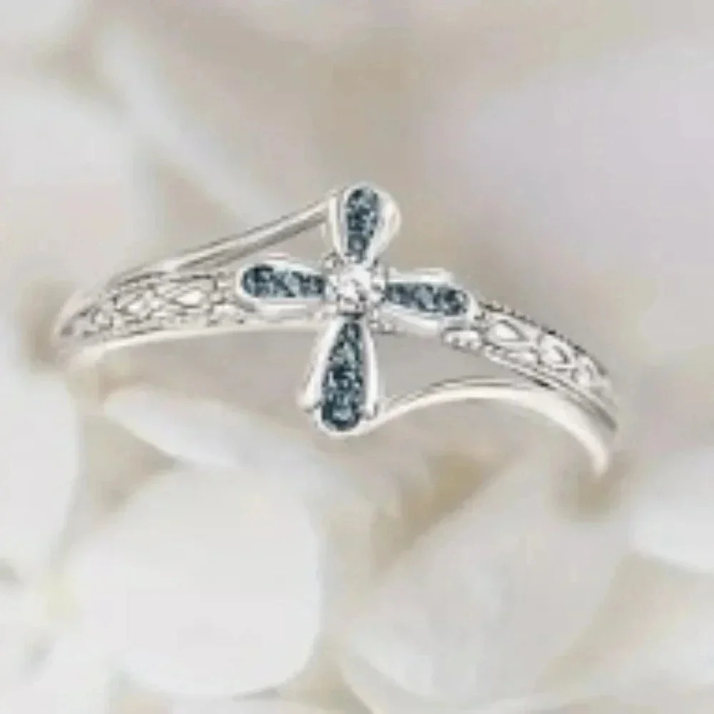 Blue Cubic Zirconia Cross Ring - Silver plated - Sparkling Gemstones Size 9